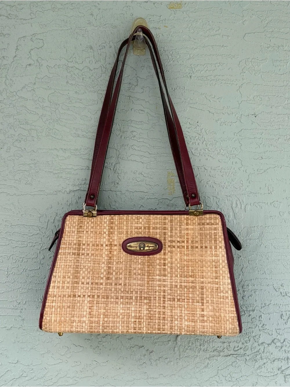 Vintage Etienne Aigner Natural Straw Shoulder Bag with Burgundy Trim - Picture 1 of 11